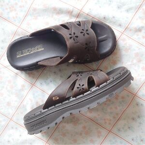 Skechers Dark Brown Floral Cutout Slide Sandals